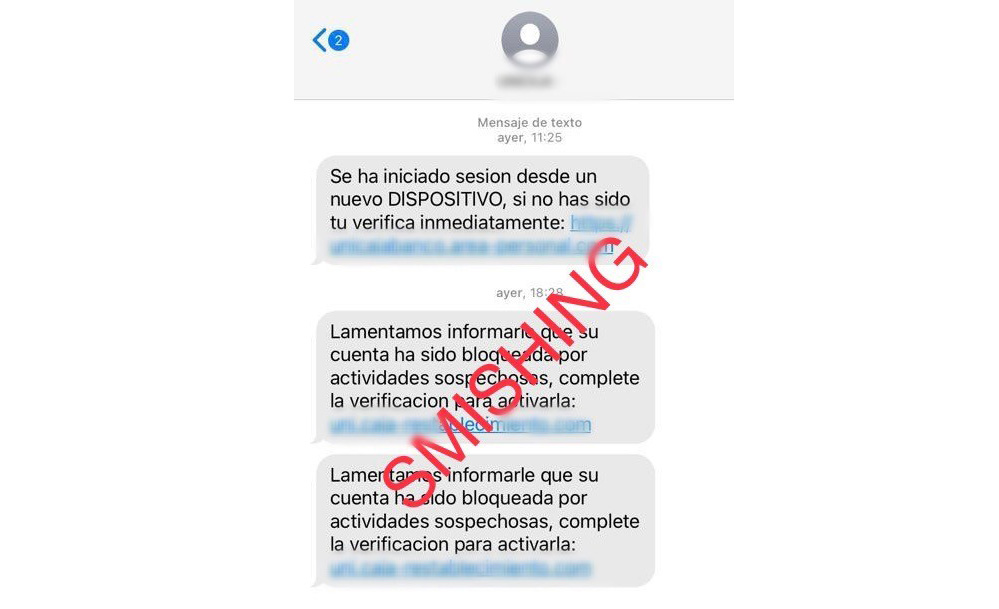 Ejemplo de mensajes recibidos por las víctimas