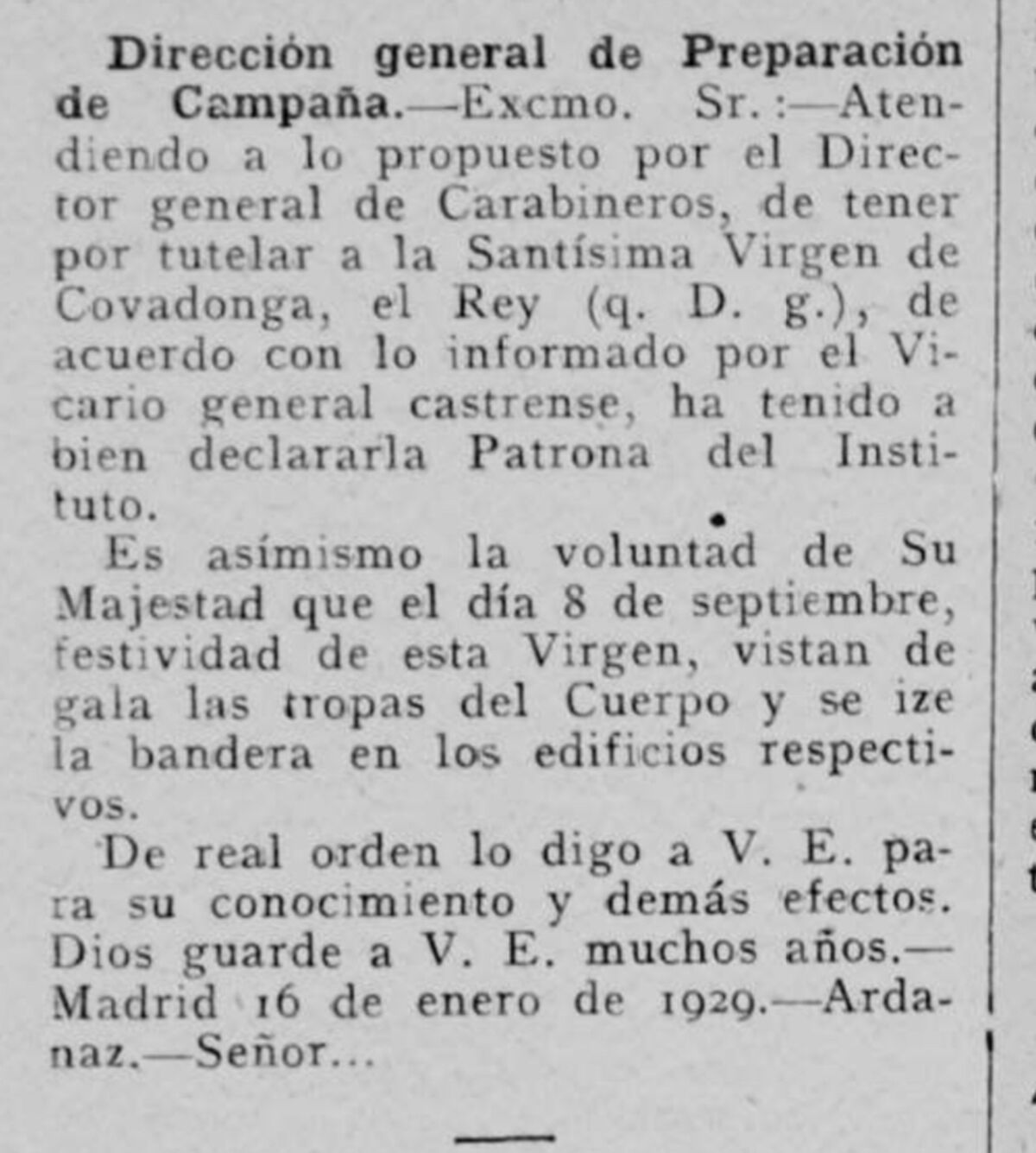 Virgen Covadonga patrona carabineros