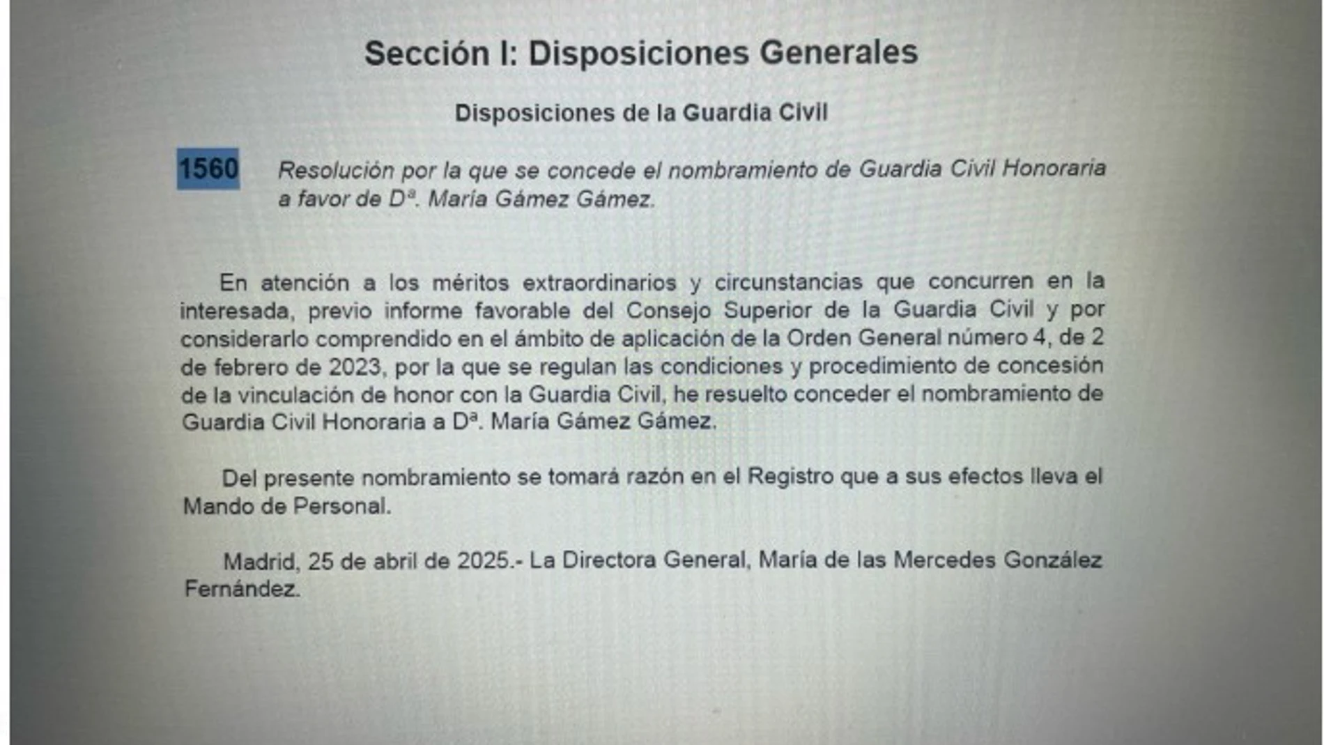 resolucion maria gamez boletin guardia civil honoraria